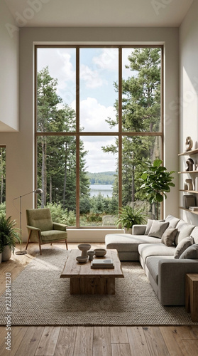 Modern living room with floor to ceiling window overlooking forest and lake cozy sectional sofa wooden coffee table armchair and plants