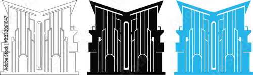 Architectural Facade Icon. Geometric Building Vector in Outline, Black Silhouette and Cyan Blue Styles