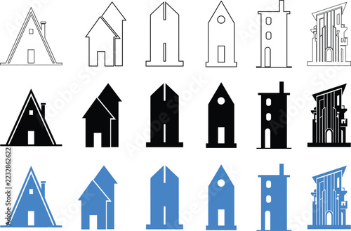 Architecture Icons. Geometric House and Building Symbols in Outline, Solid Black and Blue Filled Styles for Design Projects