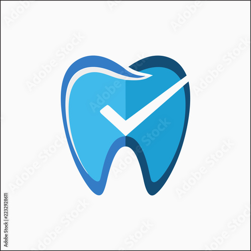 Illustration of a dental tooth logo with checkmark in blue tones, ideal for dental clinic flyers and advertisements, featuring ample copy space, perfect for dentistry, oral care, and healthcare themes