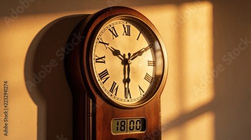 Classic wall clock shows time near sunset. Wooden analog clock with digital display reads 18 00. Golden hour sunlight hits clock face. Moment marks Maghrib time before Iftar during holy Ramadan