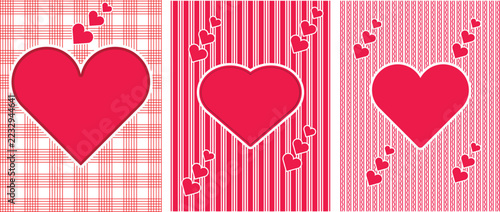 Set of Three Valentine's Day Greeting Card Templates with Red Hearts, Plaid, Vertical Stripes, and Wavy Pattern Backgrounds