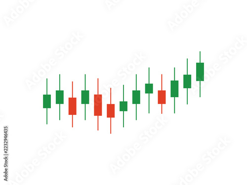 This illustration features a vector of a financial candlestick chart in a flat style against a white background.