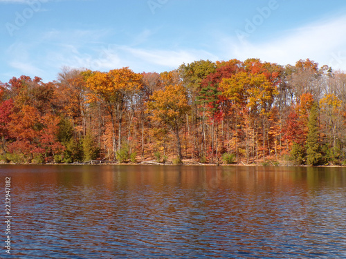 Fall landscape with colorful trees and lake