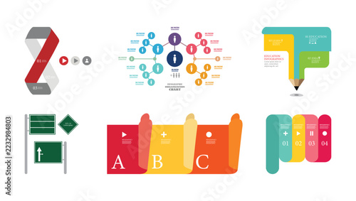 Set of six infographic templates featuring ribbon diagrams, organizational charts, pencil icons, road signs, and colorful step-by-step process banners