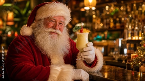 Santa Claus enjoying a tropical piña colada cocktail at a bar counter