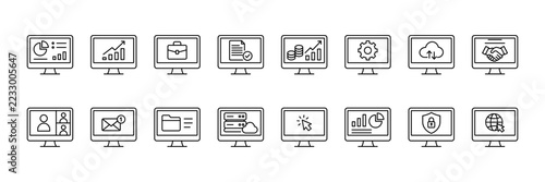 Business computer icon set. Includes icons for charts, documents, settings, online meetings, and the cloud. Vector illustration.