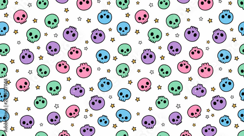 Pastel Whimsical Skull and Star Seamless Vector Pattern, Cute Halloween and Kids Fashion Print on White Background