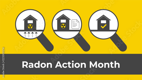 Radon Action Month Infographic with Magnifying Glass Icons Showing Home Inspection and Safety Testing Process
