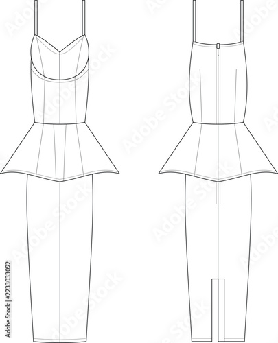 Fotografie Technical fashion flat sketch of a women camisole slip dress featuring a tailore