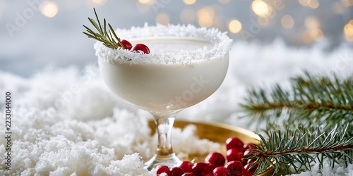 Creamy coconut cocktail wears a fine white rim with rosemary and cranberries. Luminous ivory styling turns the drink into an elegant snowy Christmas concept.