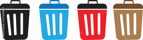 Set of four colorful flat trash can icons for waste management and recycling concepts