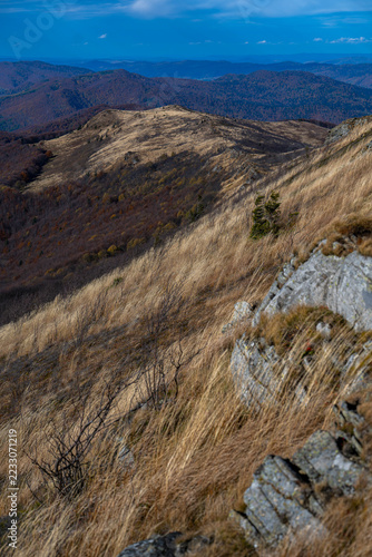 Bieszczady Mountains landscape view from Bukowe Berdo peak in autumn