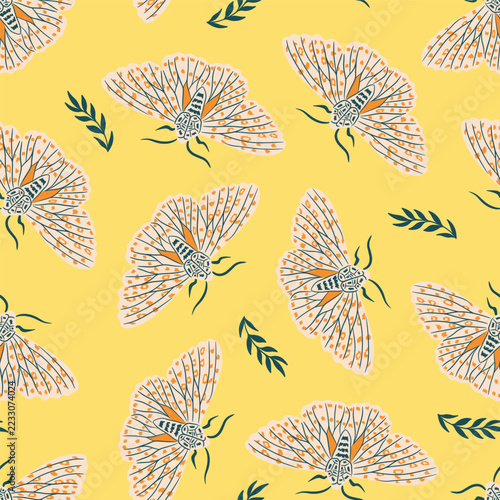 Pretty Little Moths on Fresh Yellow Background Vector Seamless Pattern