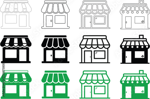Storefront Vector Icon Collection Shop Building Outlines Solid Silhouettes Market Facade Graphic Set