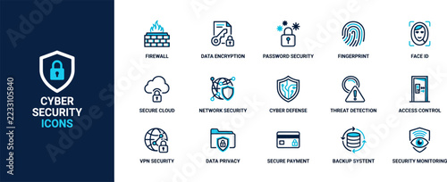 Cyber security icon set, modern IT safety line symbols