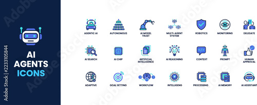 Artificial Intelligence Icons, AI Agents Set, Tech Vector Icons