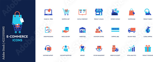E-Commerce Icon Set, Blue and Orange Shopping Symbols