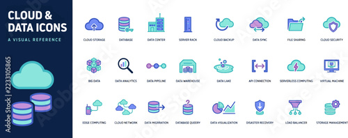 Cloud data icons set, tech network symbol vector graphic