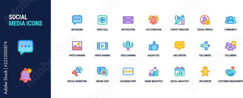 Social media icons vector set, digital marketing flat symbols
