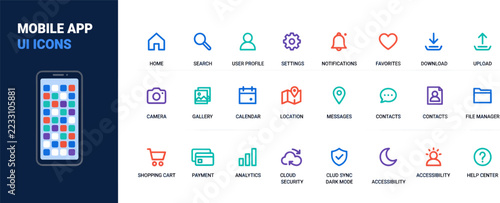 Mobile app UI icons set, colorful line web vector symbols