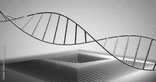 Spiraling textured double helix with rungs above concentric square steps in studio, casting shadows