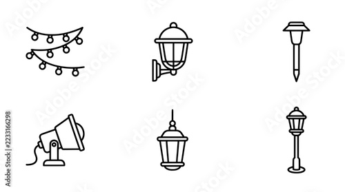 Minimalist outdoor lighting icons vector set, garden lamps and street light symbols