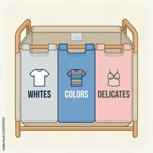 Clothes hanging in a laundry basket with labels for whites, colors, and delicates.