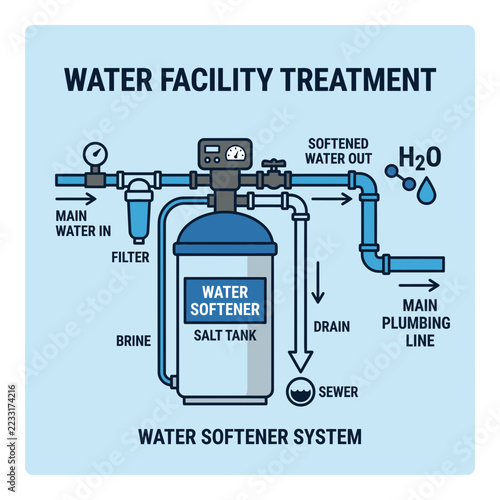 Diagram of a water softener system with labeled components.