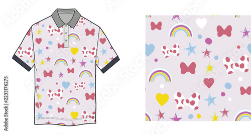 Fotografie Technical fashion sketch of a polo shirt with a cute minnie mouse themed pattern