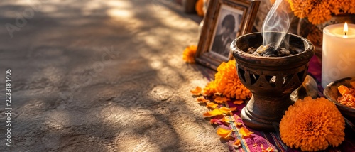 Incense burning in a terracotta holder beside marigolds and a candle. Day of the Dead altar offering. Mexican cultural tradition and remembrance. Autumn festival with copy. Banner format