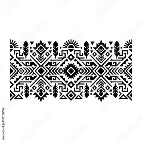 Intricate black and white tribal geometric pattern with sun and feather motifs, inspired by indigenous art styles.