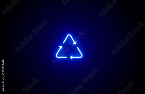 Obraz na plátně Neon glowing blue color recycle symbol on black background
