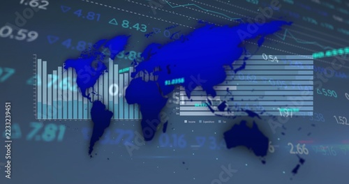 Displaying deep-blue world-map on screen, overlaying vertical bars and strip charts with tickers