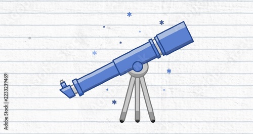 Fotografie Displaying blue refractor telescope angling upward on gray tripod on ruled page,