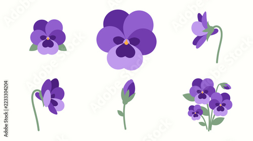 Purple Pansy Flower Pixel Art Set with Floral Buds and Bouquet
