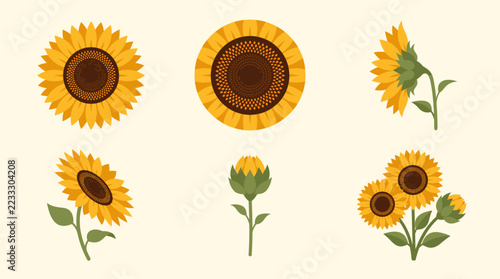 Yellow Sunflower Pixel Art Set with Various Blossoms and Buds