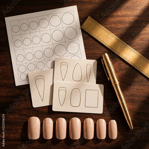 Press-on nail fit-kit flat lay with sizing chart and nail tips