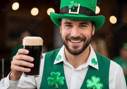 Man in leprechaun hat holding dark beer