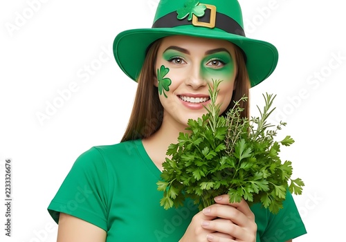 Smiling woman wearing leprechaun hat and green face paint