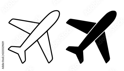 Vector illustration of an airplane icon, in black and white, using outline and silhouette styles for UI/UX app design