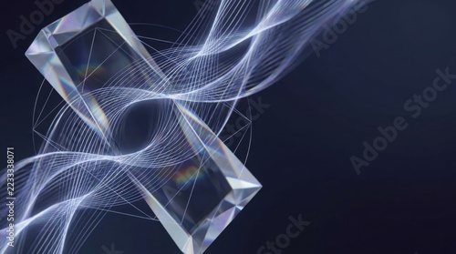 Transparent prism cubes refracting light beams on dark background
