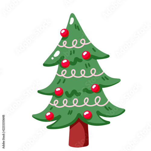 Cute Green Christmas Tree with Red Baubles and Pink Garland