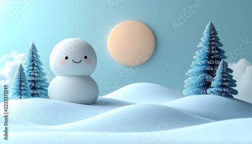 Paper craft cute snowman winter landscape, paper art snow hills and blue background