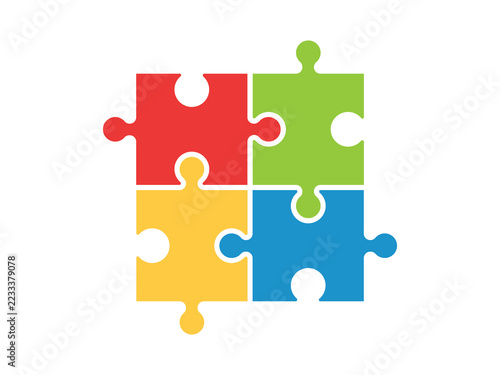 This illustration features a vector of four interlocking puzzle pieces that form a single square, rendered in a flat design style against a white background.