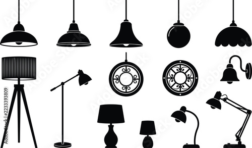 Home lighting lamps silhouette set chandelier floor table desk lamp ceiling fixtures interior vector illustration