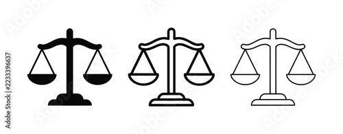 Obraz na plátně Three variations of a scale of justice icon, including solid black, thick outlin