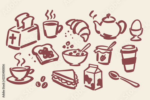 Breakfast Food and Drinks Hand Drawn Doodle Set with Coffee, Toast and Croissant