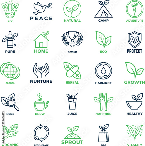 Organic eco friendly natural lifestyle icons for sustainable living