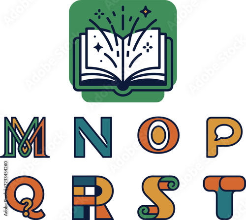 Open book with sparkles above colorful letters M to T, vector icon set